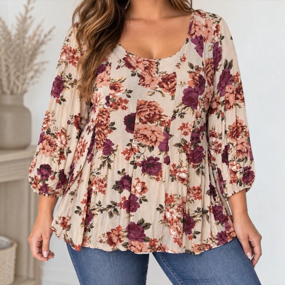 Torrid Size 2 18/20 Floral Babydoll Blouse 100% Rayon Boho Fall Top